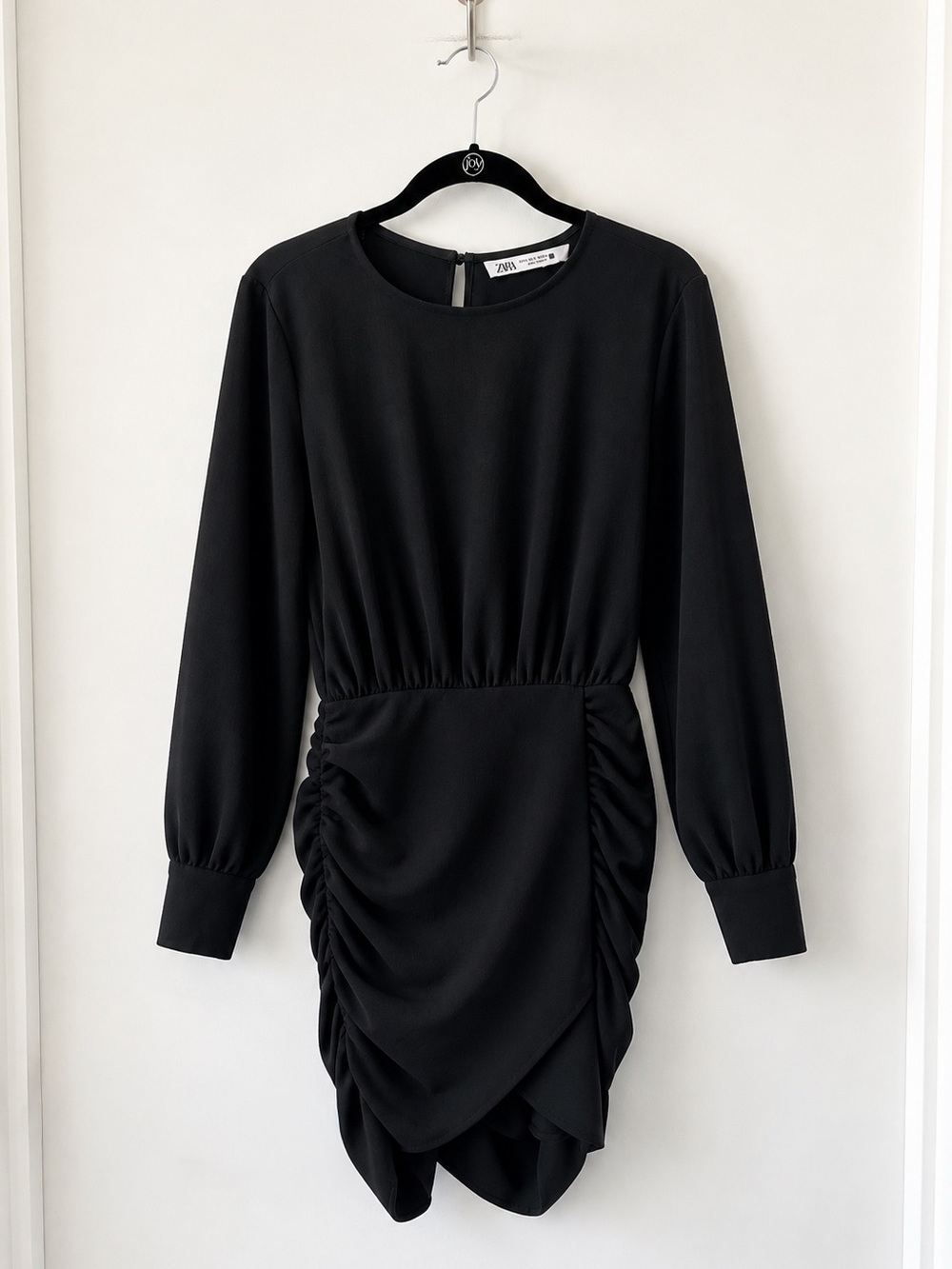 ZARA Black Ruched Mini Dress Size M Long Sleeve